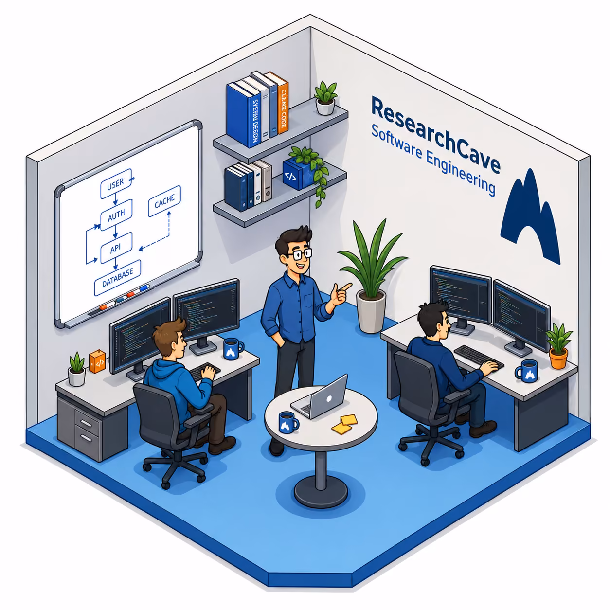 A software team planning an architecture and working together at their desks.