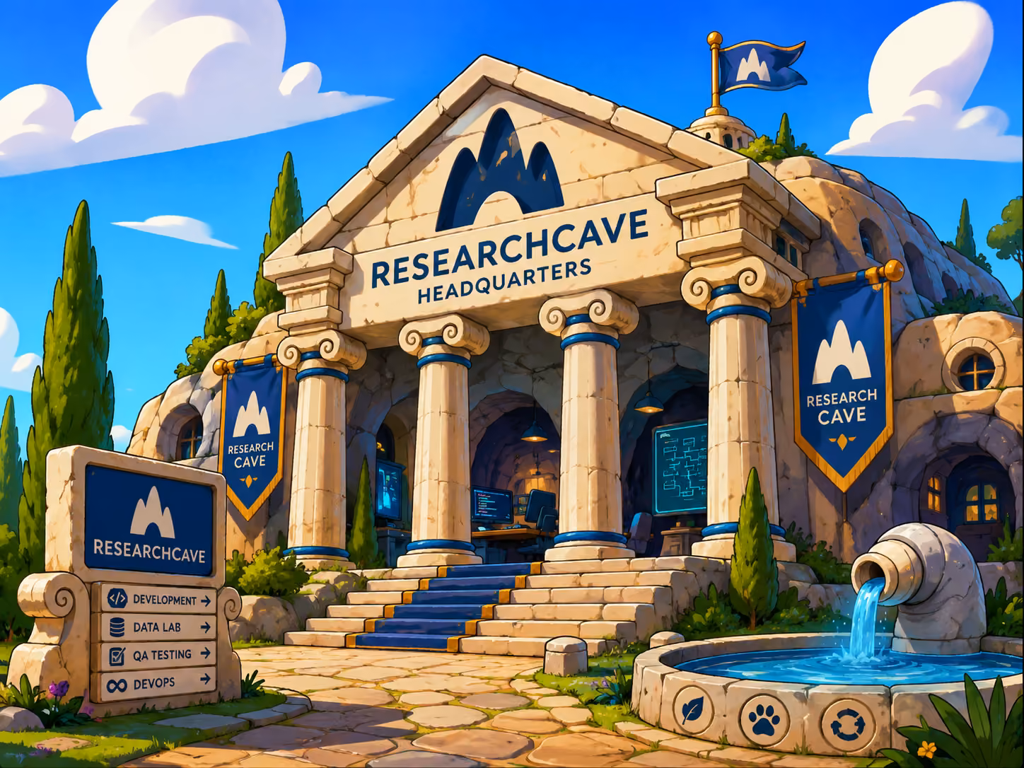 An illustrated ResearchCave headquarters, where ideas come together