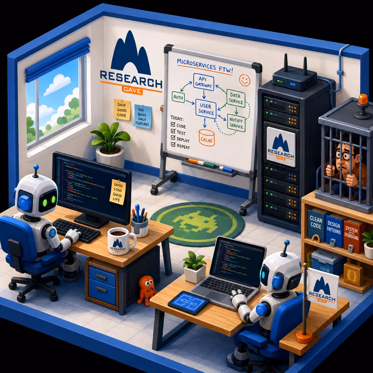 An illustrated ResearchCave lab with robots building connected systems