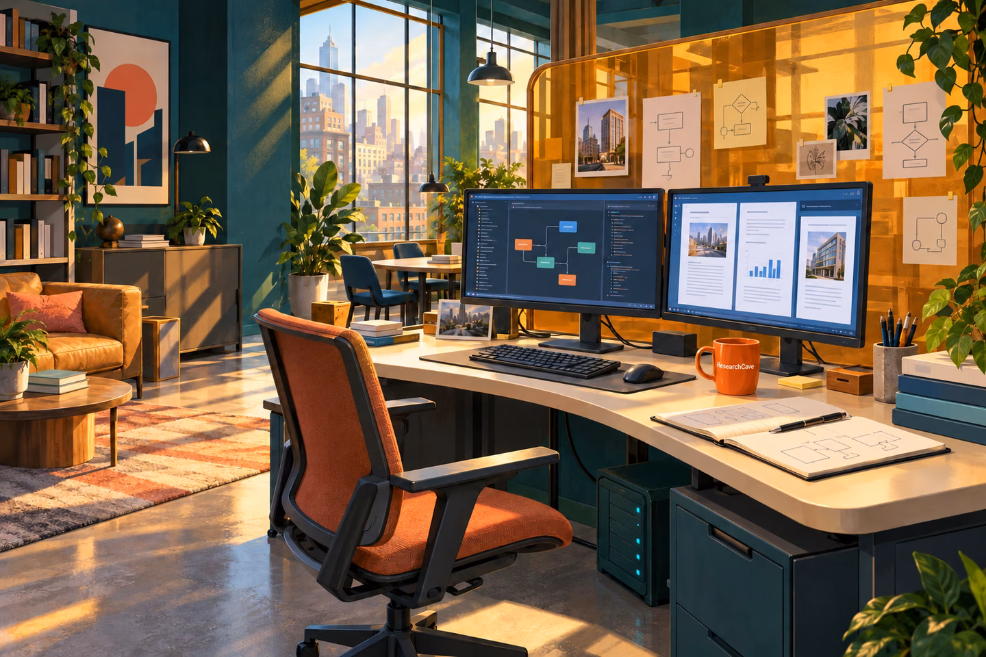 A sunlit engineering studio with connected workflow screens, process notes and a ResearchCave mug.