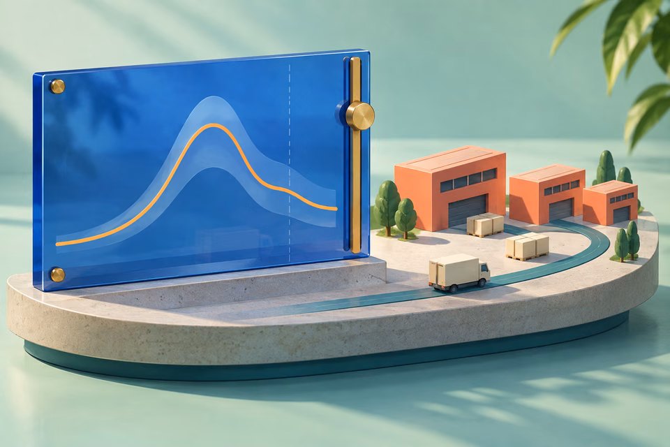 A demand curve on a blue acrylic board stands beside miniature warehouses and delivery crates.