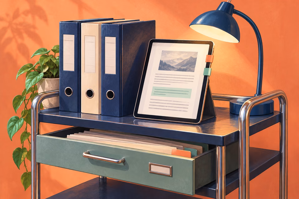 A blue reading lamp illuminates a tablet and reference tabs beside company binders.