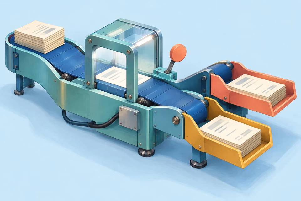 A glass document scanner sorts invoices into two trays beside a manual approval control.