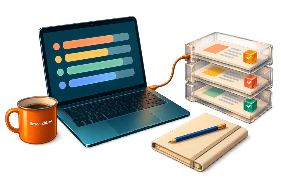 An engineer's laptop connects to three sample-document test trays beside a notebook and a ResearchCave mug.