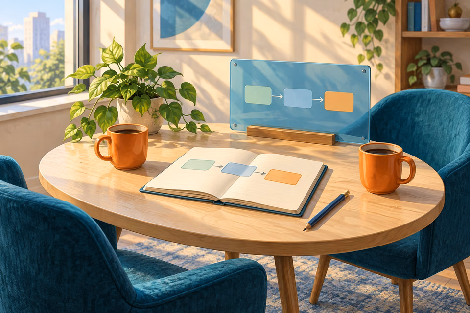 A sunlit meeting table with a workflow notebook, two coffee mugs and chairs ready for a project conversation.