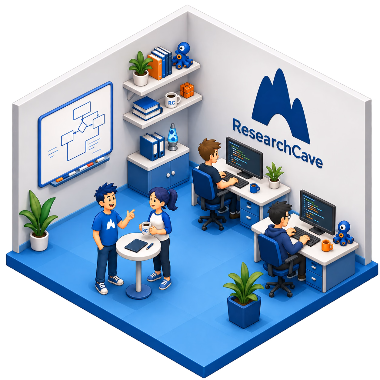 The ResearchCave software team collaborating in a blue and white office.